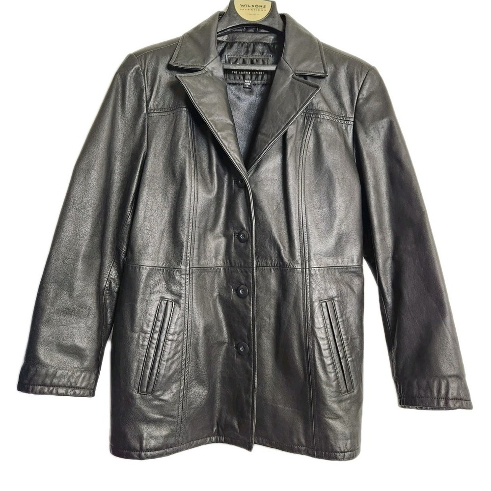 Wilsons Leather Black Genuine Leather Jacket Womens Sz XL Button Front‎ Coat Y2K